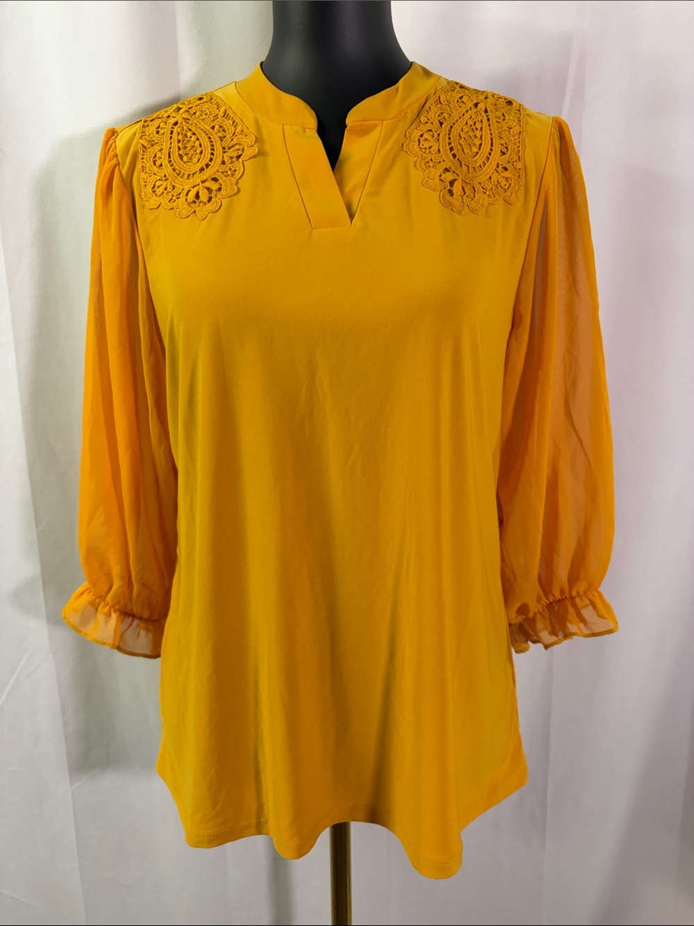 Emma & Olive Mustard Yellow Mixed Media Lace Accent 3/4 Sleeve V-Neck Blouse
